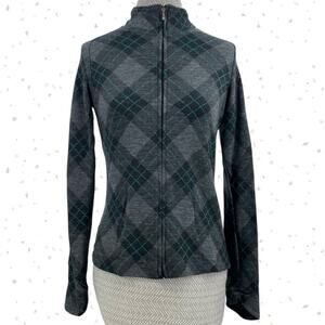 Ibex Merino Wool Zip Up Cardigan Light Sweater Top Grey Plaid Argyle Size S FLAW
